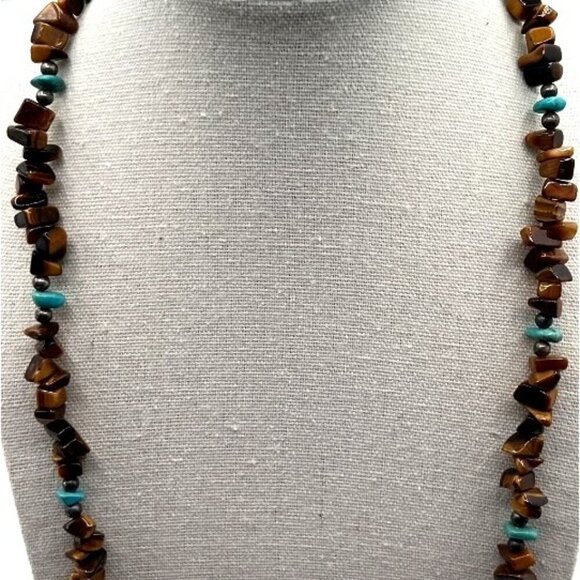 Vintage Tiger Eye & Genuine Turquoise Beaded Necklace - Picture 3 of 6